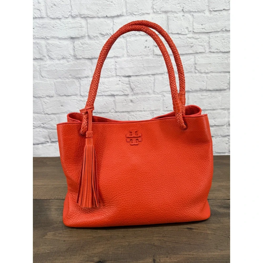 Tory Burch Taylor Tote Bag Coral Red Pebbled Leather Purse Tassel Dust Bag